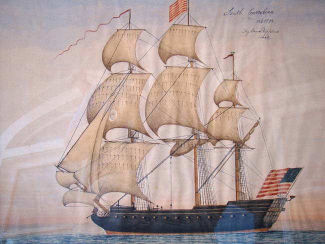 A beautiful watercolor painting of an 18th century ship signed "South Carolina, AB 1793, by Jan Phippine." — image 2